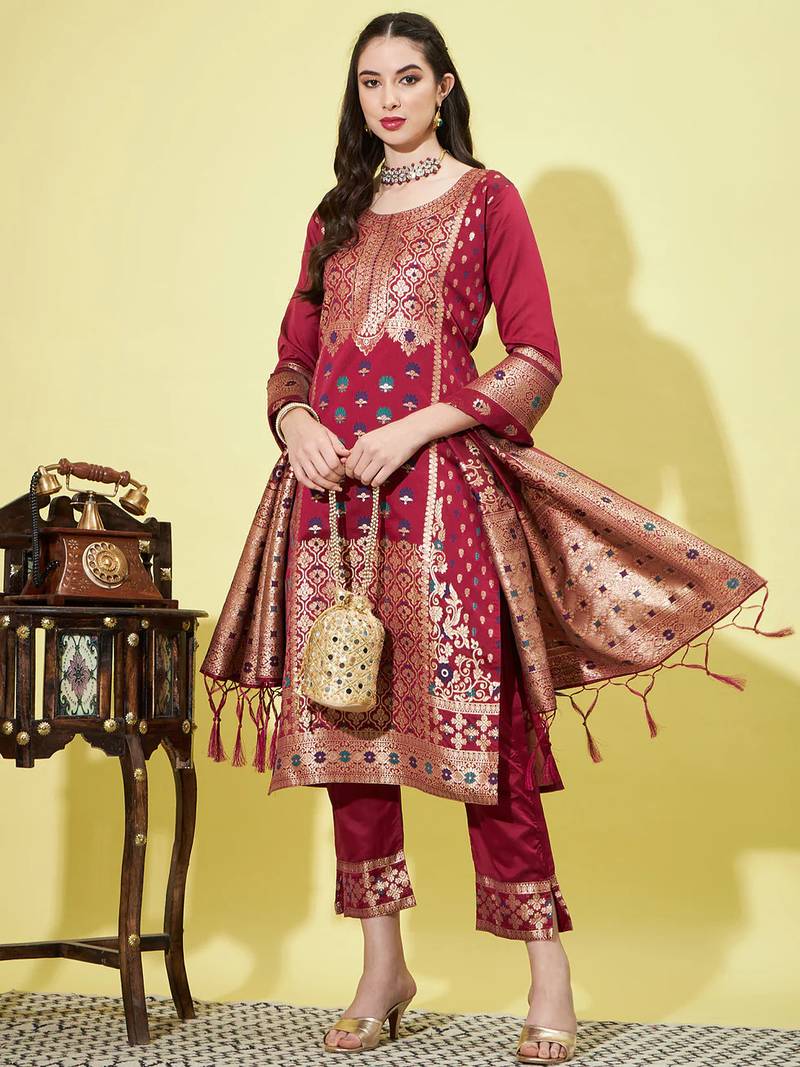 Floral printed silk blend round neck kurta trouser & dupatta set