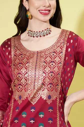 Floral printed silk blend round neck kurta trouser & dupatta set