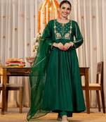 Women's Gorgeous Embroidery Work Chanderi Sik Fabric Flared Kurta Pant and Dupatta Set