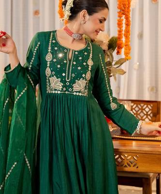 Women's Gorgeous Embroidery Work Chanderi Sik Fabric Flared Kurta Pant and Dupatta Set 3