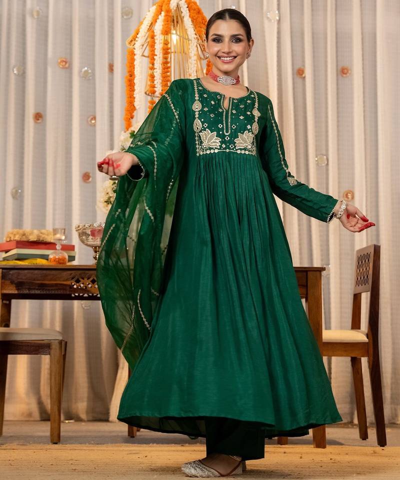 Women's Gorgeous Embroidery Work Chanderi Sik Fabric Flared Kurta Pant and Dupatta Set