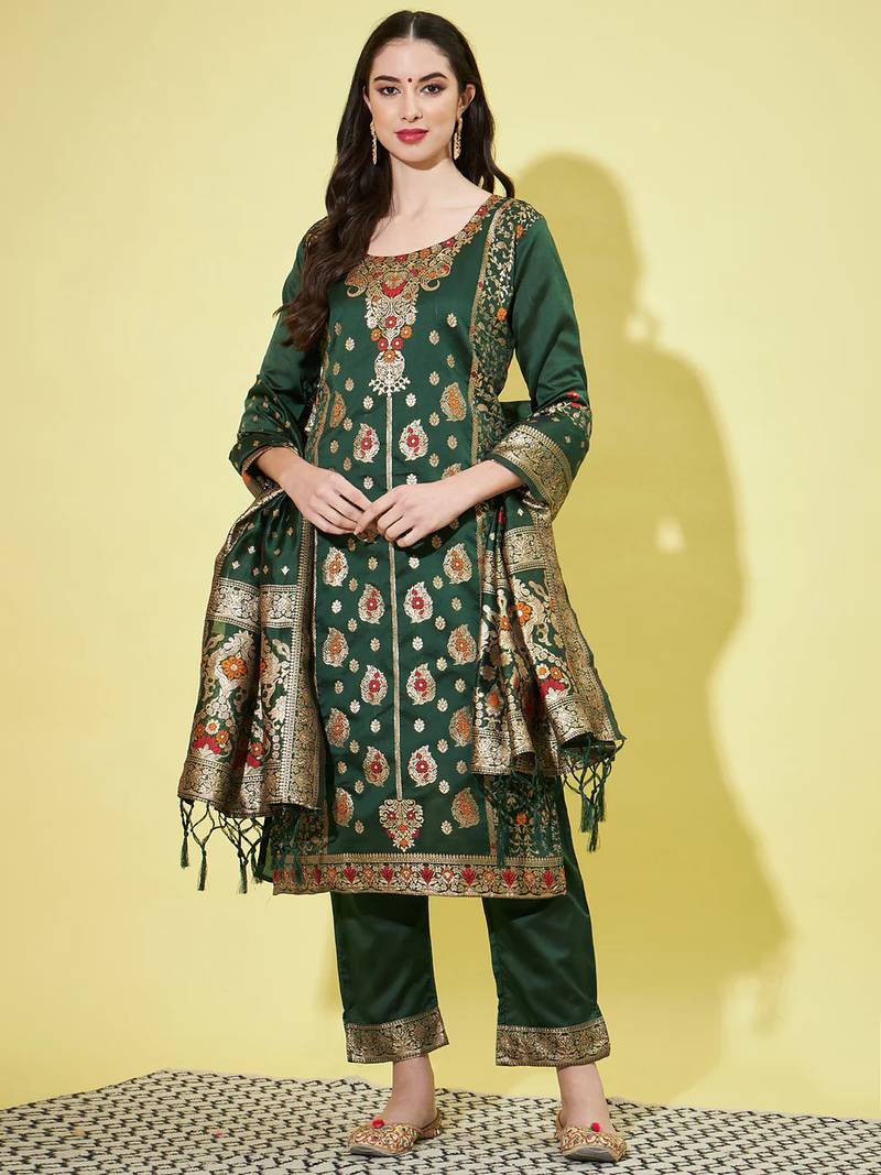 Floral printed silk blend round neck kurta trouser & dupatta set