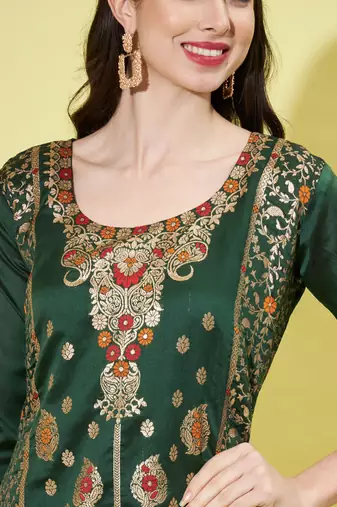 Floral printed silk blend round neck kurta trouser & dupatta set