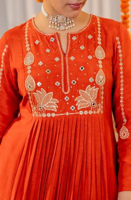 Women's Gorgeous Embroidery Work Chanderi Sik Fabric Flared Kurta Pant and Dupatta Set 3