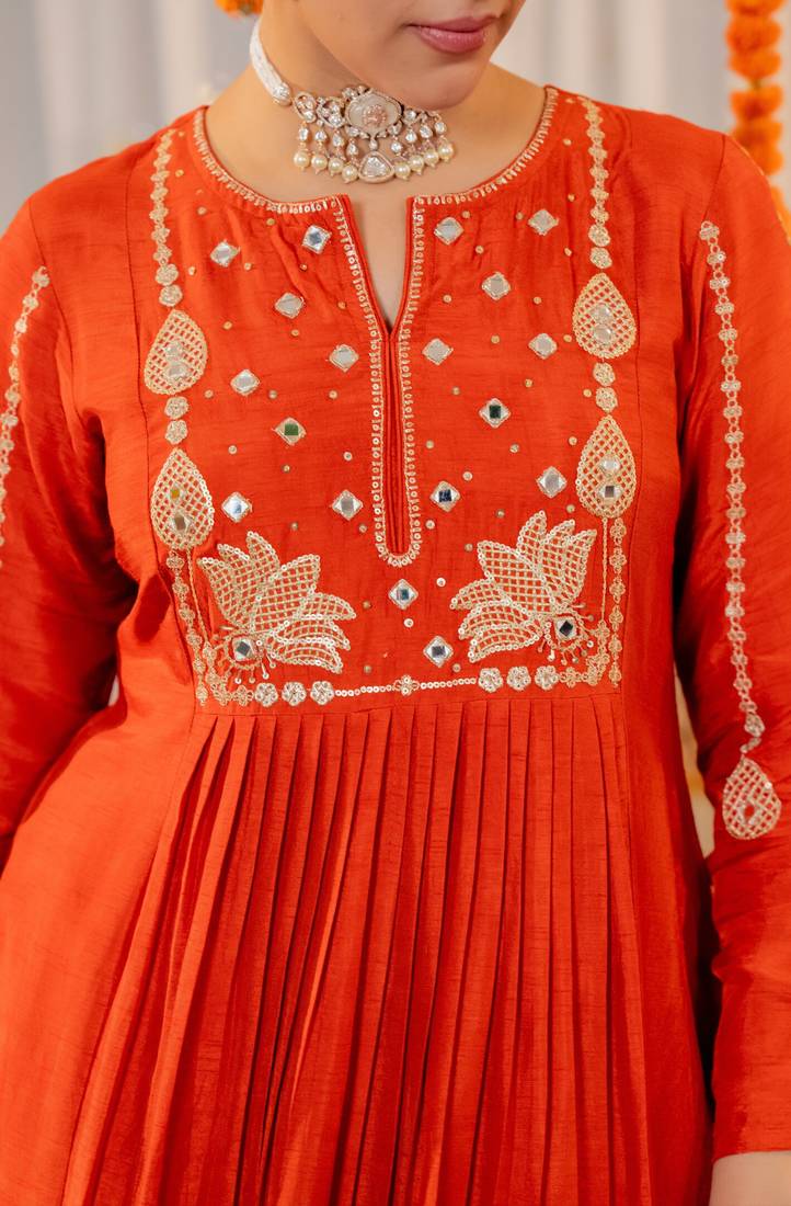 Women's Gorgeous Embroidery Work Chanderi Sik Fabric Flared Kurta Pant and Dupatta Set