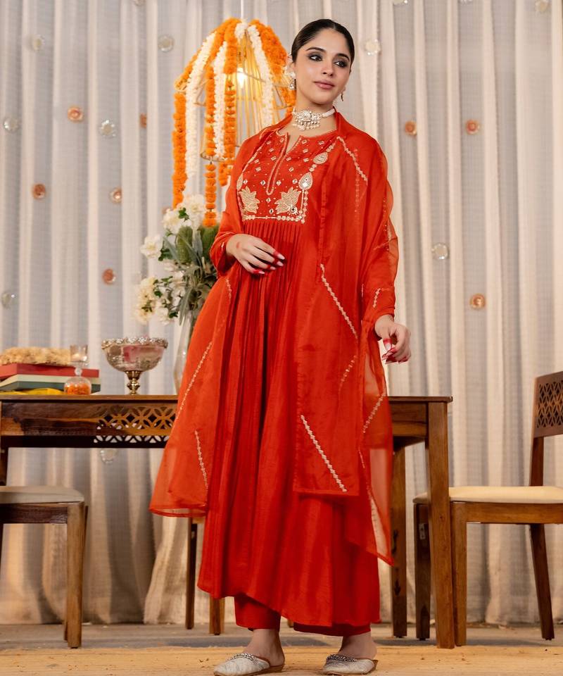 Women's Gorgeous Embroidery Work Chanderi Sik Fabric Flared Kurta Pant and Dupatta Set