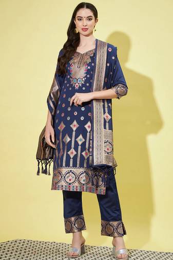 Floral printed silk blend round neck kurta trouser & dupatta set