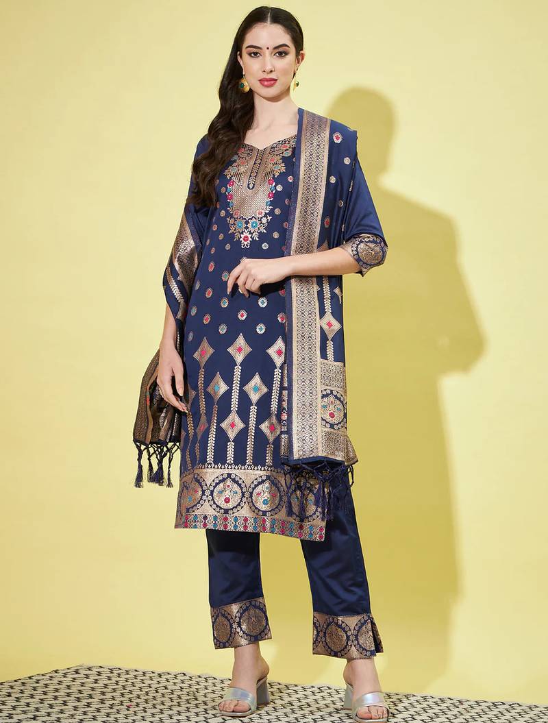 Floral printed silk blend round neck kurta trouser & dupatta set
