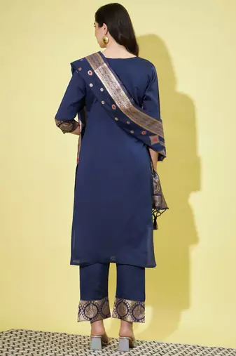 Floral printed silk blend round neck kurta trouser & dupatta set