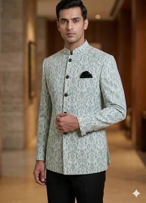 Grayish sea color batik weaving jodhpuri for men | premium designer bandhgala ethnic wear 2