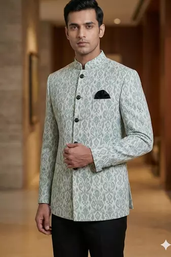 Grayish sea color batik weaving jodhpuri for men | premium designer bandhgala ethnic wear