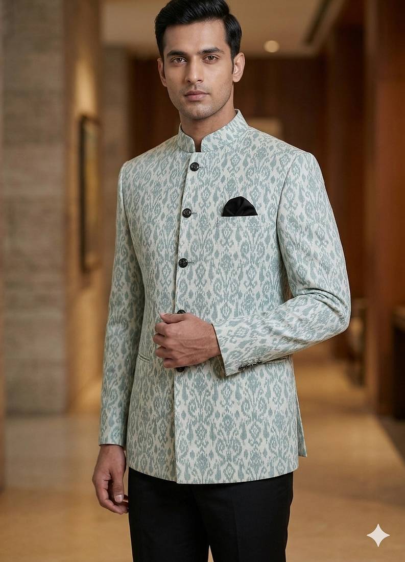 Grayish sea color batik weaving jodhpuri for men | premium designer bandhgala ethnic wear