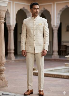 Beige color golden jari weaving jodhpuri for men | premium designer bandhgala ethnic wear 1