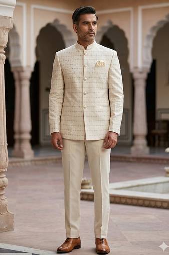 Beige color golden jari weaving jodhpuri for men | premium designer bandhgala ethnic wear
