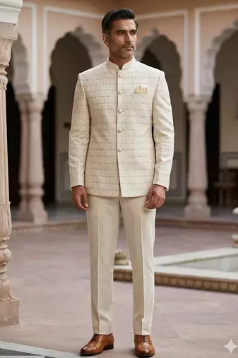 Beige color golden jari weaving jodhpuri for men | premium designer bandhgala ethnic wear