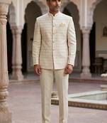 Beige color golden jari weaving jodhpuri for men | premium designer bandhgala ethnic wear