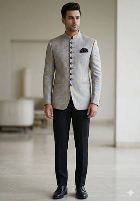 Gray color self weaving jodhpuri for men 1