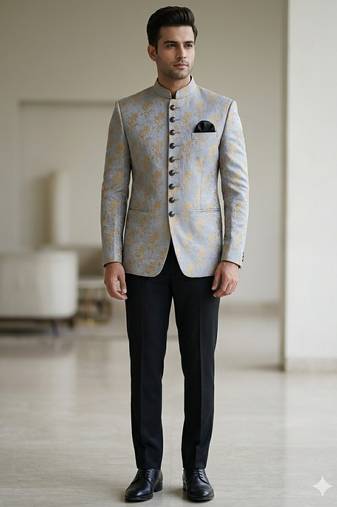 Gray color self weaving jodhpuri for men | premium designer bandhgala ethnic wear