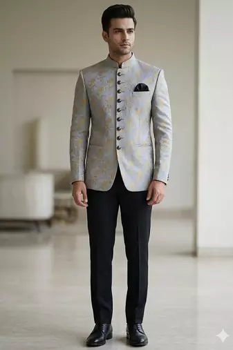 Gray color self weaving jodhpuri for men | premium designer bandhgala ethnic wear