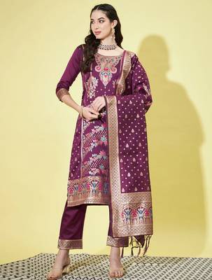 Floral printed silk blend round neck kurta trouser & dupatta set 1