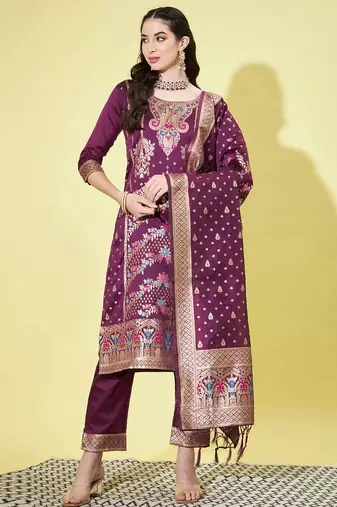 Floral printed silk blend round neck kurta trouser & dupatta set