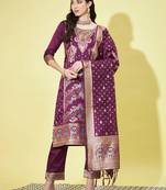 Floral printed silk blend round neck kurta trouser & dupatta set