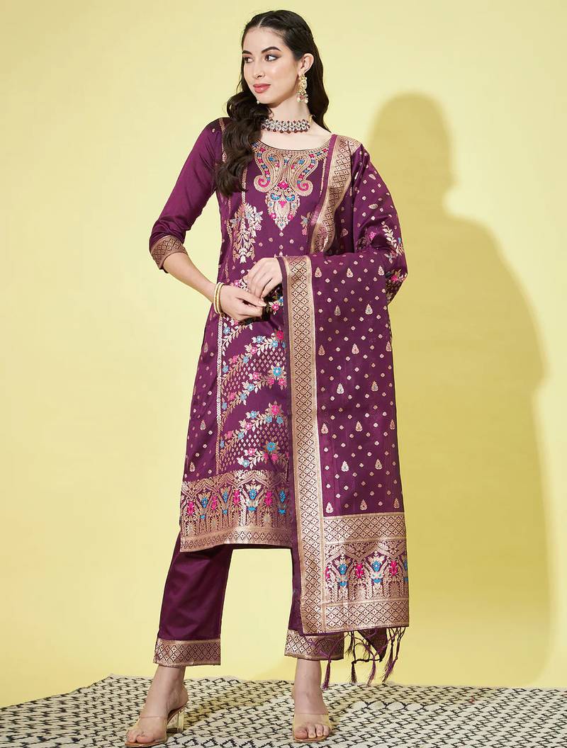 Floral printed silk blend round neck kurta trouser & dupatta set