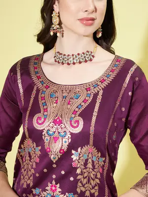 Floral printed silk blend round neck kurta trouser & dupatta set 3