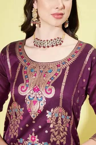 Floral printed silk blend round neck kurta trouser & dupatta set