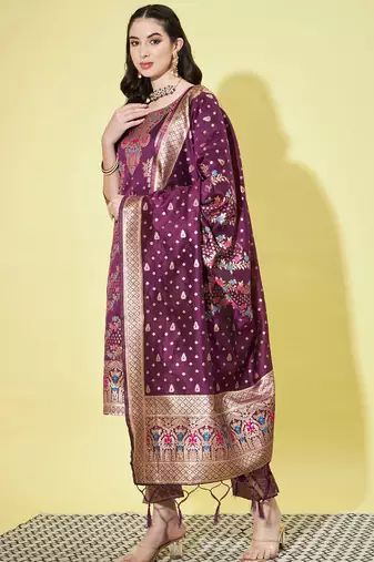 Floral printed silk blend round neck kurta trouser & dupatta set