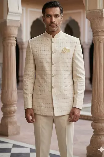 Beige color golden jari weaving jodhpuri for men | premium designer bandhgala ethnic wear
