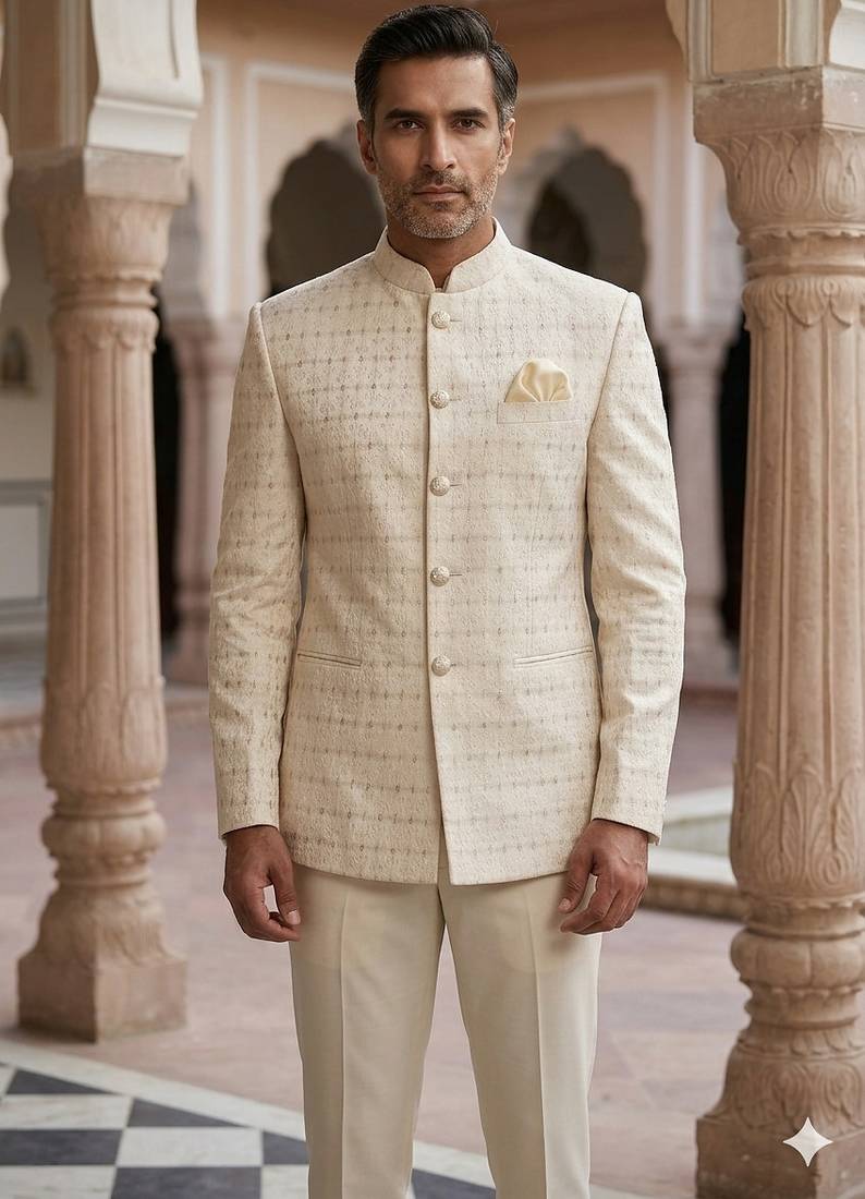Beige color golden jari weaving jodhpuri for men | premium designer bandhgala ethnic wear
