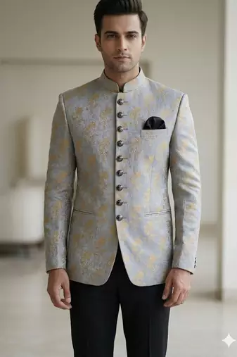 Gray color self weaving jodhpuri for men | premium designer bandhgala ethnic wear