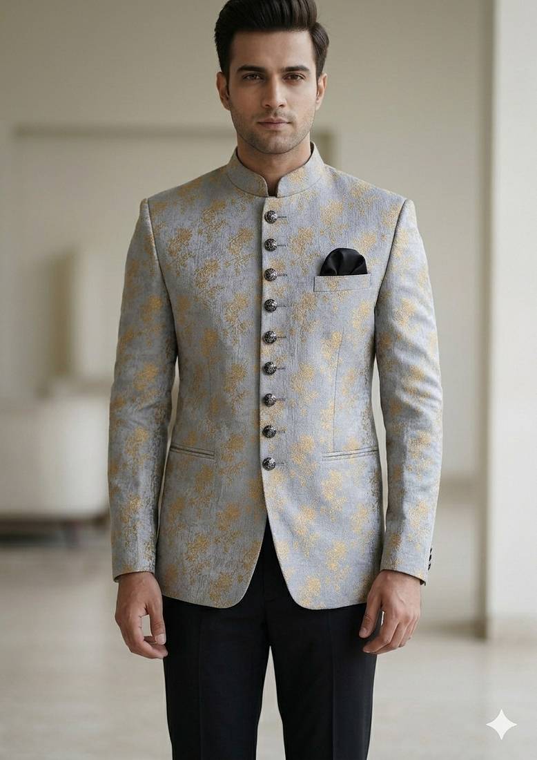 Gray color self weaving jodhpuri for men | premium designer bandhgala ethnic wear