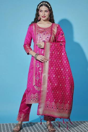 Floral printed silk blend round neck kurta trouser & dupatta set