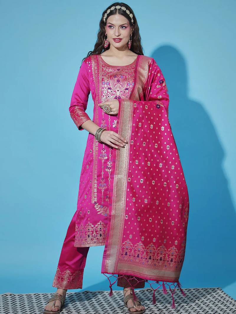 Floral printed silk blend round neck kurta trouser & dupatta set