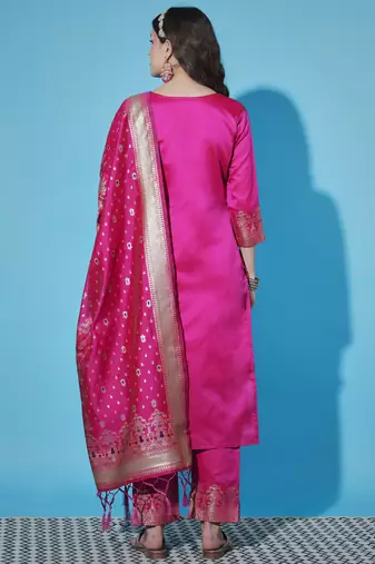 Floral printed silk blend round neck kurta trouser & dupatta set