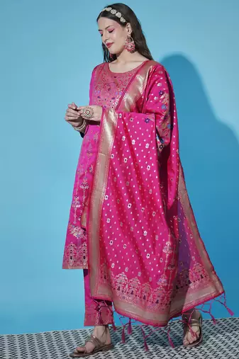 Floral printed silk blend round neck kurta trouser & dupatta set