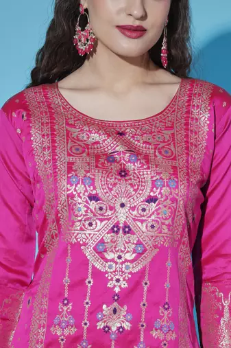 Floral printed silk blend round neck kurta trouser & dupatta set