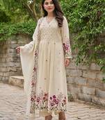 Women's Gorgeous Thread Work Chanderi Sik Fabric Flared Anarkali Pant and Dupatta Set