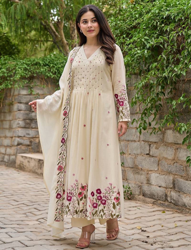 Women's Gorgeous Thread Work Chanderi Sik Fabric Flared Anarkali Pant and Dupatta Set