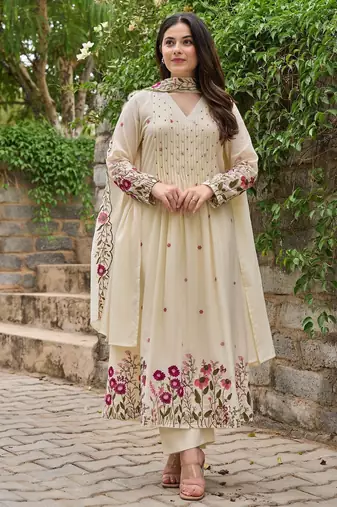 Women's Gorgeous Thread Work Chanderi Sik Fabric Flared Anarkali Pant and Dupatta Set