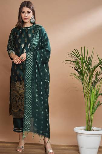 Floral printed cotton silk round neck kurta trouser & dupatta set