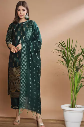 Floral printed cotton silk round neck kurta trouser & dupatta set