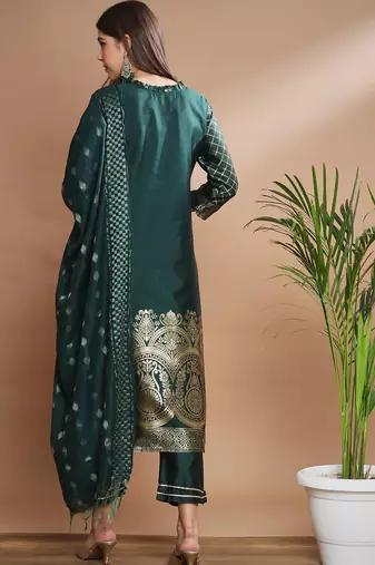 Floral printed cotton silk round neck kurta trouser & dupatta set