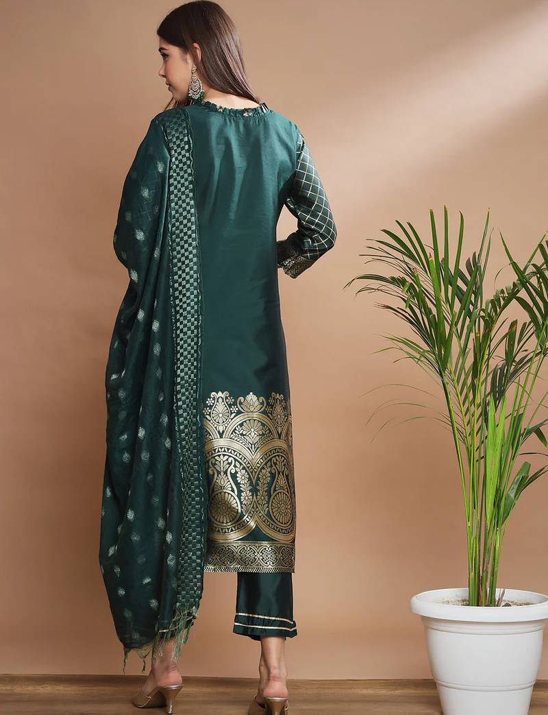 Floral printed cotton silk round neck kurta trouser & dupatta set