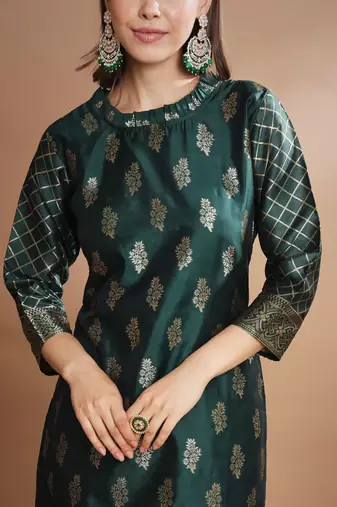 Floral printed cotton silk round neck kurta trouser & dupatta set