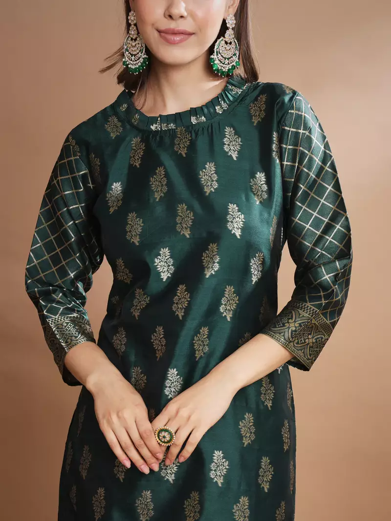 Floral printed cotton silk round neck kurta trouser & dupatta set