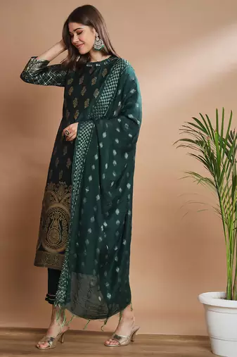 Floral printed cotton silk round neck kurta trouser & dupatta set
