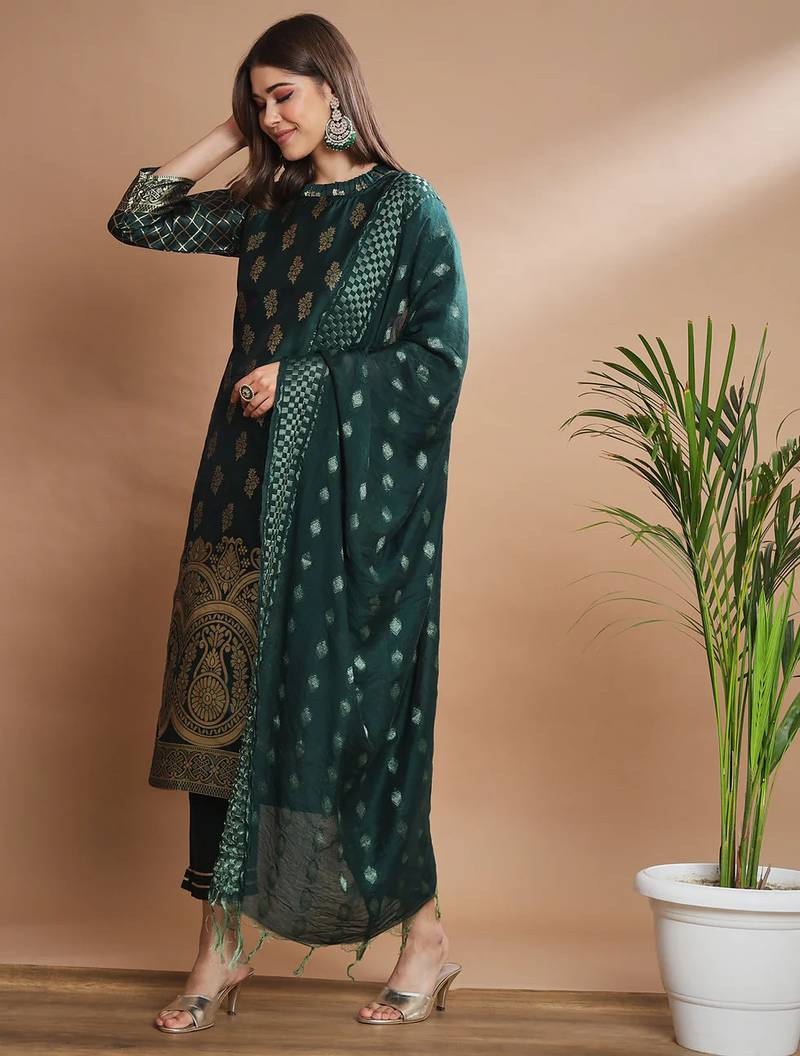 Floral printed cotton silk round neck kurta trouser & dupatta set